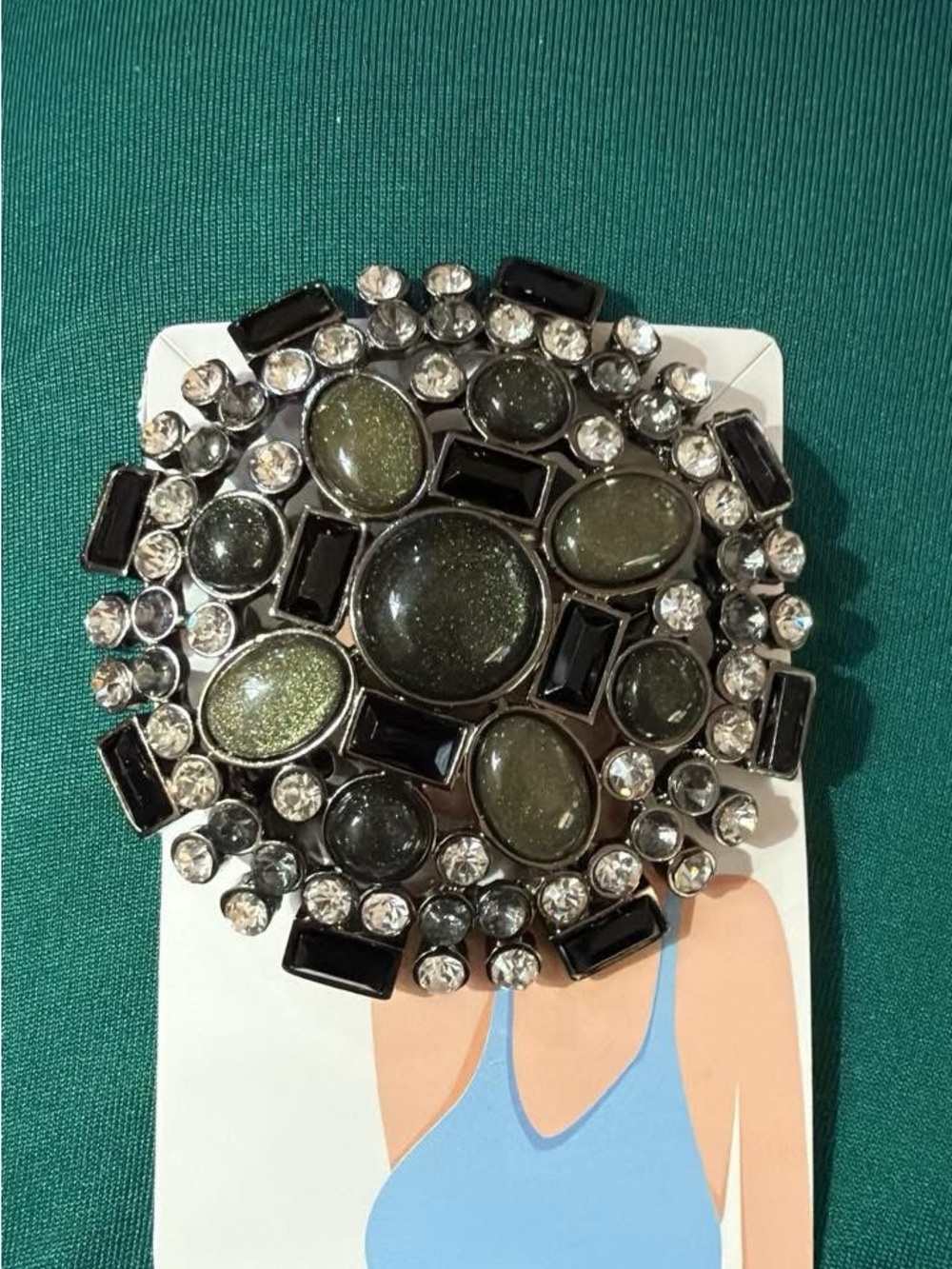 Handcrafted Green and Black Statement Brooch - Sparkling Crystal Accent